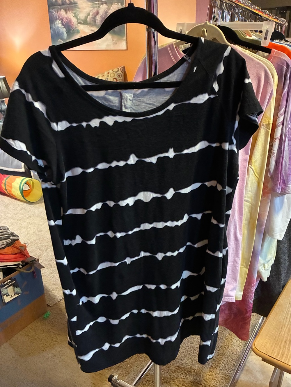 Tie-Dye Short Sleeve Black&White mini dress with pockets.Women's
